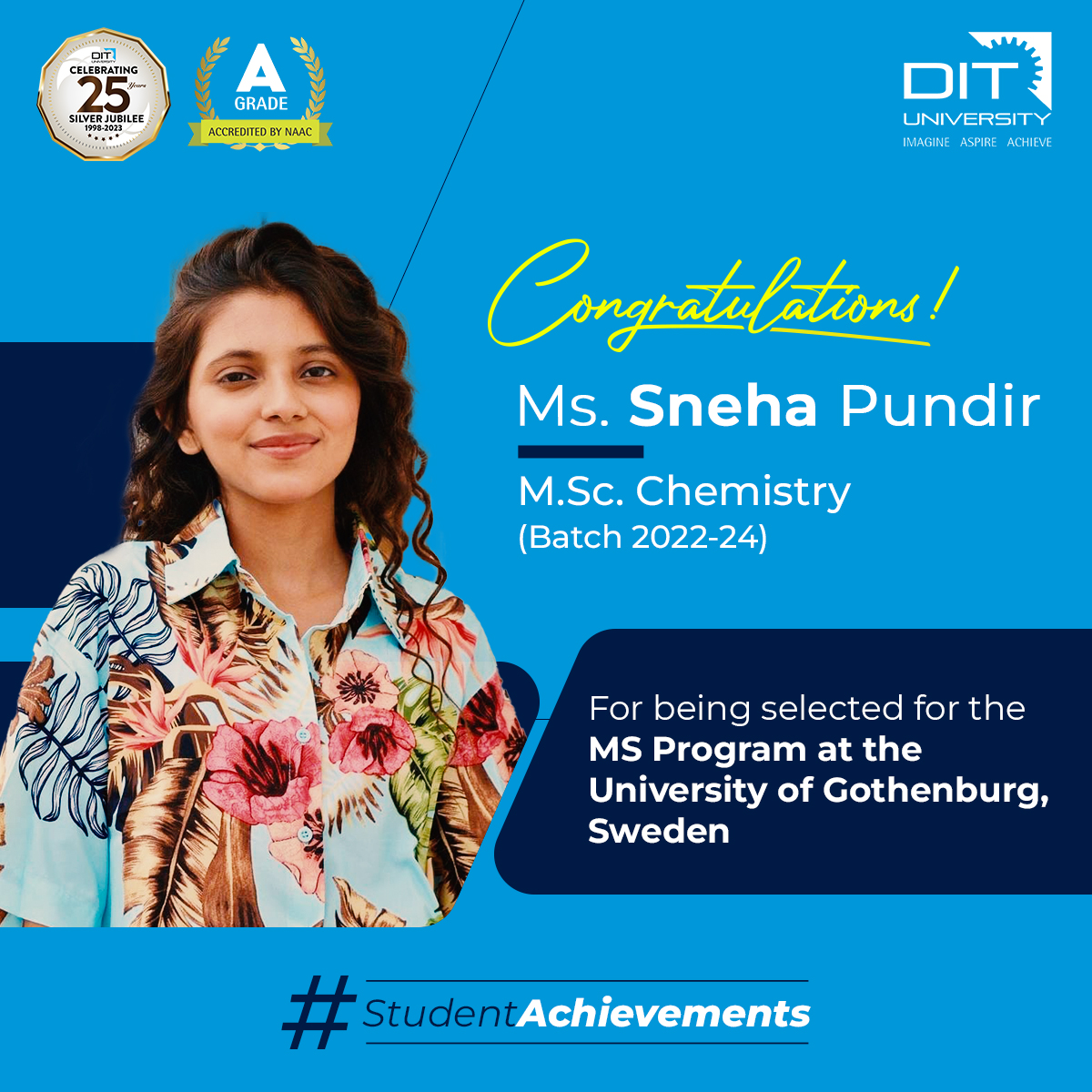 Ms. Sneha to secure a spot in the prestigious MS Program at the University of Gothenburg, Sweden